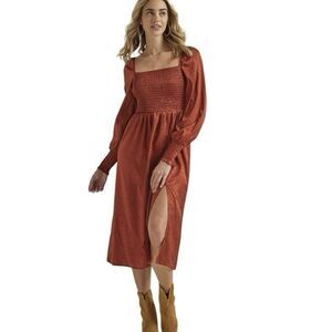Wrangler Retro Square Neck Smocked Midi Dress Copper Rust Size Large